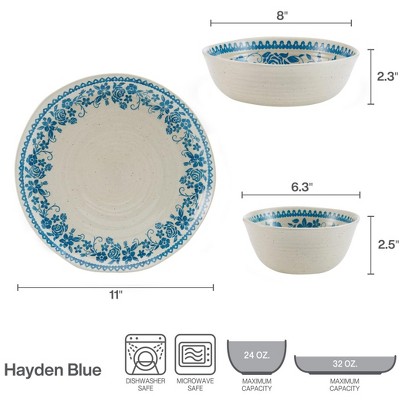 Hayden Blue Floral Ceramic 12-Piece Dinnerware Set, Service for 4
