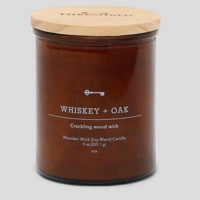 Amber Glass Whiskey + Oak Lidded Wooden Wick Jar Candle 9oz - Threshold&#8482;