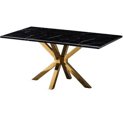 HomeRoots 79" Black and Gold Marble and Metal Cross Leg Base Dining Table
