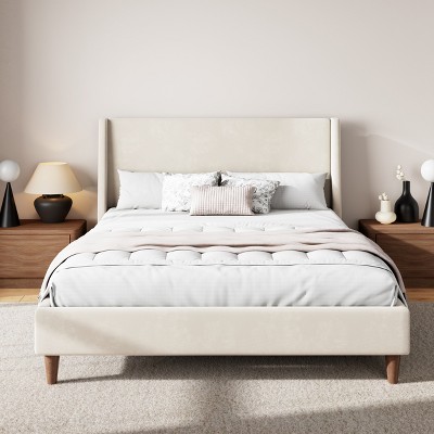 Merax Elegant Modern Cream Velvet Platform Bed with Wingback Headboard & Walnut Wooden Legs