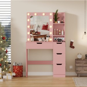 Vanity Desk with Mirror & Power Outlet, 3 Lighting Colors Vanity Desk with 4 Drawers & 12 Bulbs, Modern Dressing Table for Bedroom - 1 of 4