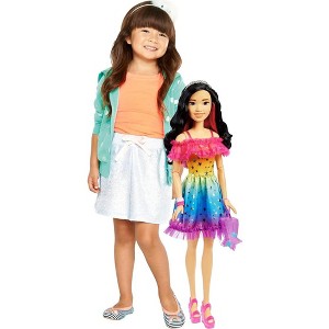 Barbie Large Doll with Black Hair, 28 Inches Tall, Rainbow Dress and Styling Accessories Including Shooting Star Handbag - 1 of 4