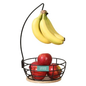 Gibson Home Harvest Season Fruit Basket Bowl with Banana Hanger – Black Metal Wire & Rubberwood Base - 1 of 4
