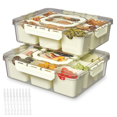 YIGII Divided Serving Tray with Lid and Handles 9 Compartments Snack Box Container Charcuterie Organizer Snackle Box Container for Candy,Nuts，Beige