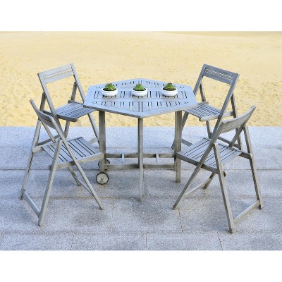 Grey Wash Acacia Wood Foldable Dining Table and 4 Chairs Set