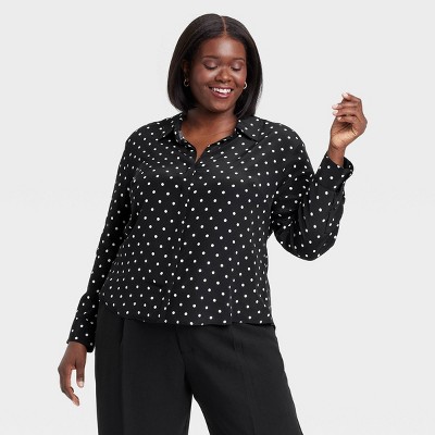Women's Long Sleeve Collared Button-Down Shirt - A New Day™ Black Polka Dots
