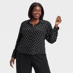 Women's Long Sleeve Collared Button-Down Shirt - A New Day™ Black Polka Dots - 1 of 3