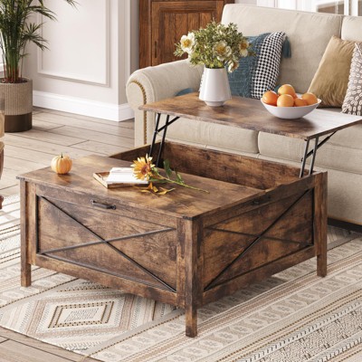 Lift Top Coffee Table, Square Center Table with Hidden Storage Compartment, Brown