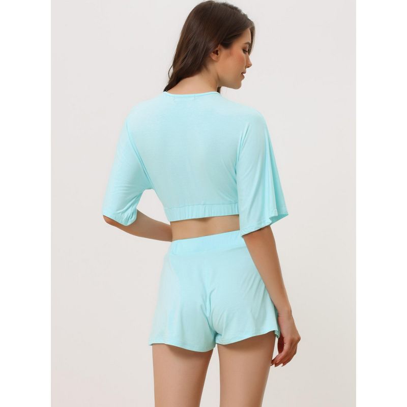 cheibear Women's V Neck Yoga Flare Sleeve Crop Shirt and Shorts 2 Pieces Pajama Set Loungewear, 3 of 6