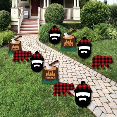 Big Dot of Happiness Lumberjack - Channel the Flannel - Bear and Lumberjack Lawn Decorations - Outdoor Buffalo Plaid Yard Decorations - 10 Piece