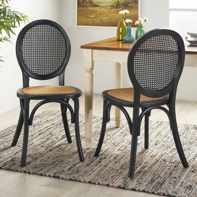 Elegant Vintage-Style Rattan Dining Chairs with Curved Wooden Frame, Round Cane Backrest, and Comfortable Woven Seat-Coolbibila