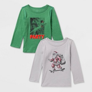 Toddler Girls' 2pk Adaptive Long Sleeve Christmas Dinosaur Party/Santa Skate Graphic T-Shirt - Cat & Jack™ Pine Green/Heather Gray - 1 of 3