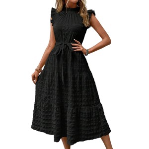 Womens Summer Dress Textured Ruffle Tiered Dress Mock Crew Neck Mini Cap Sleeve A Line Tie Waist Dress Sleeveless Casual Dress - 1 of 4