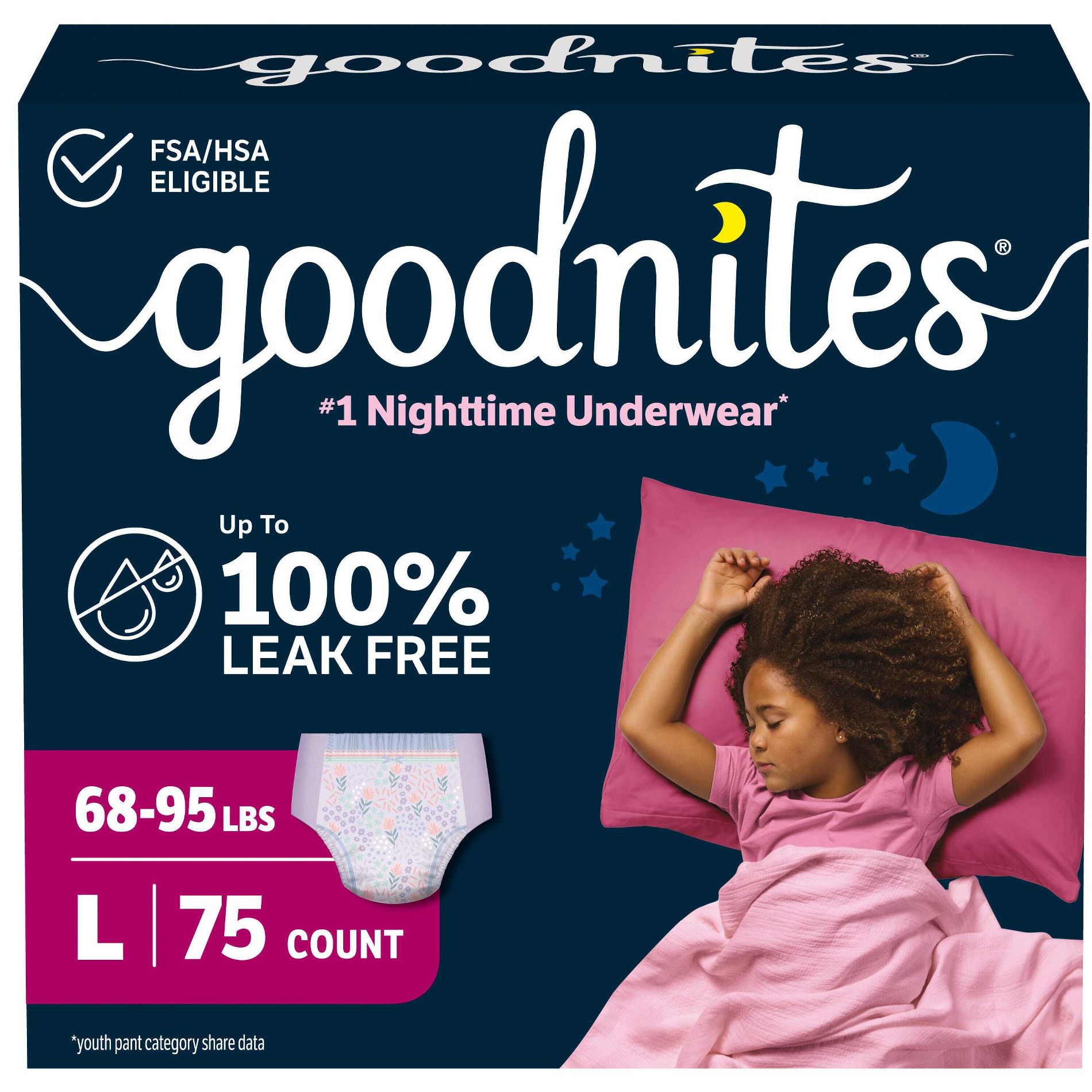 Goodnites Girls' Nighttime Bedwetting Disposable Underwear - Size L - 75 ct: Hypoallergenic, Paraben-Free, Sulfate-Free, Non-Toxic