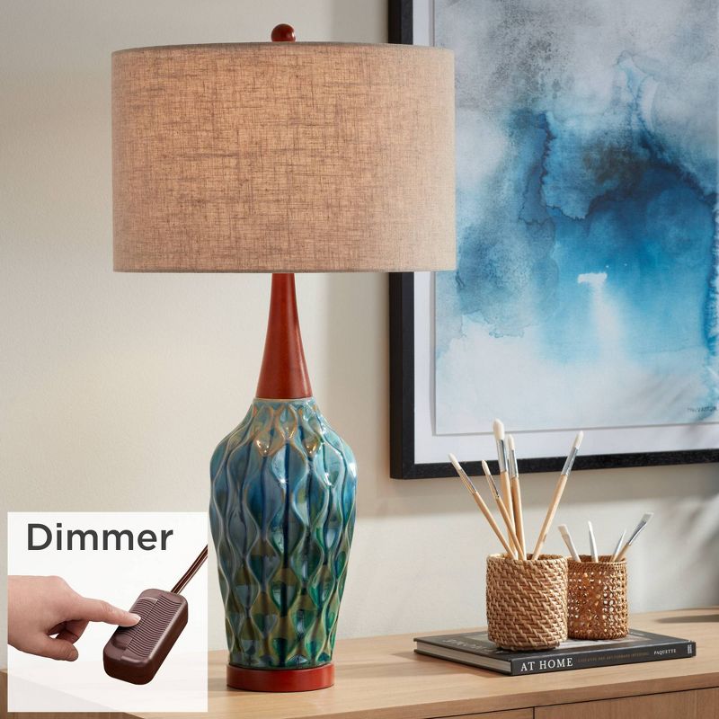 360 Lighting Rocco Modern Mid Century Table Lamp 30" Tall Blue Teal Glaze Ceramic with Table Top Dimmer Linen Fabric Drum for Bedroom Living Room Kids, 2 of 8