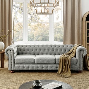 Lycvki Chesterfield Tufted Linen Upholstered 3-Seater Sofa with Nailhead Decoration and Scrolled Arm - 1 of 4