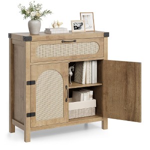 Sideboard with Drawer, Rattan Cabinet with Synthetic Rattan-Accent Doors, Adjustable Shelves, Buffet Cabinet for Living Room/Bedroom, Natural - 1 of 4
