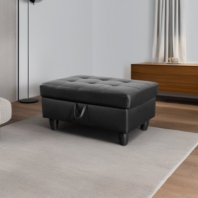 DOMETOUR Faux Leather Storage Ottoman for Living Room, Bedroom or Entryway Black