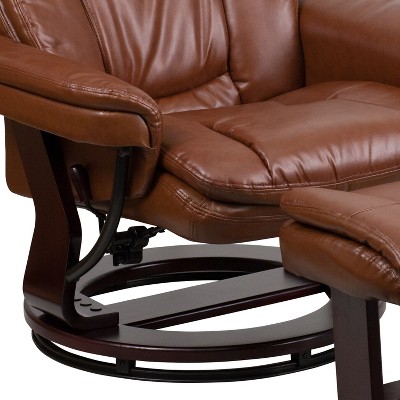 Brown Leather Swivel Recliner with Ottoman and Wood Base