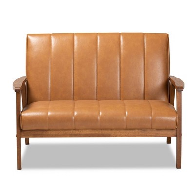 Nikko Mid-Century Modern Tan Faux Leather Loveseat with Walnut Wood