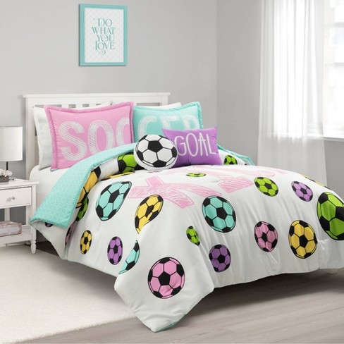 5pc Full/queen Kids' Girls Soccer Kick Reversible Oversized Comforter  Bedding Set White/turquoise - Lush Décor : Target