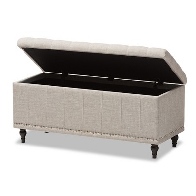 Kaylee Beige Button-Tufted Storage Ottoman Bench with Silver Nailheads