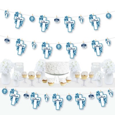 Big Dot of Happiness First Communion Blue Elegant Cross - Boy Religious Party DIY Decorations - Clothespin Garland Banner - 44 Pieces