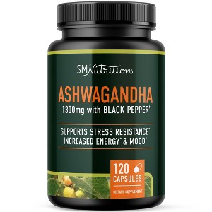 Ashwagandha Supplement, High Absorption Adaptogen from Root Powder with Black Pepper for Stress Resistance & Energy Boost, SMNutrition, 120ct - 1 of 4