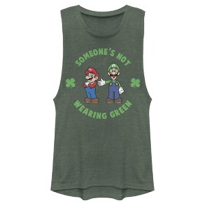 Juniors Womens Nintendo Super and Luigi St. Patrick's Day Not Wearing Green Festival Muscle Tee - 1 of 4