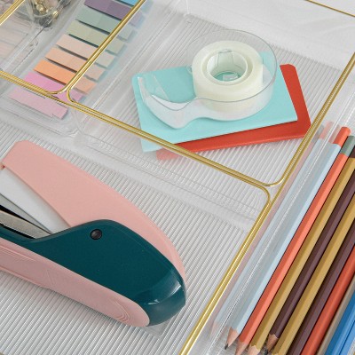 Clear Plastic Stackable Office Desk Drawer Organizers with Gold Trim, Set of 6