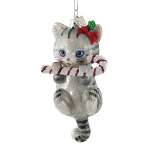 Noble Gems 5.0 Inch Cat With Candy Cane Feline Festive Tree Ornaments - 1 of 4