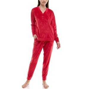 Jaclyn Intimates Womens Embossed Velour Long Sleeve Henley and Joggers 2 Piece Loungewear Set - 1 of 3