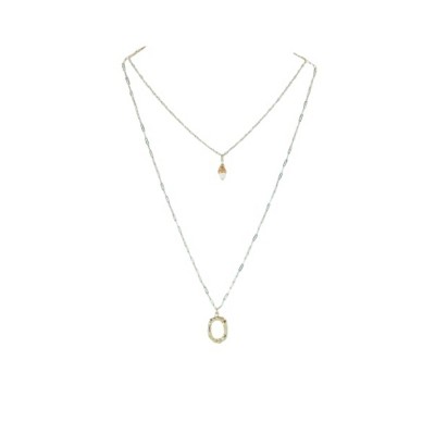 Slickblue Women's Necklace, Gold Double Link Chain with Circle Accent and Tear-Drop Pearl Charm, 17"-24"