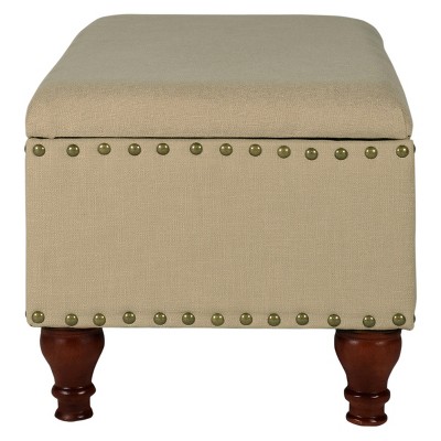 Elegant Tan Upholstered Storage Bench with Nailhead Trim and Wood Legs