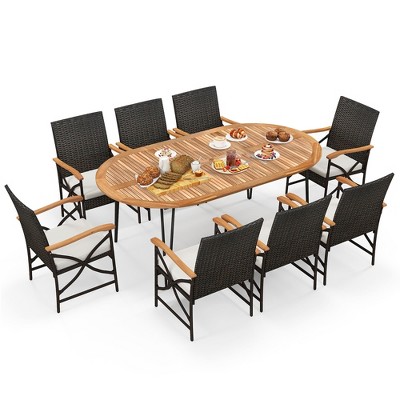 Tangkula 9 PCS Rattan Dining Set Acacia Wood Table & 8 Patio Wicker Armchairs Patio