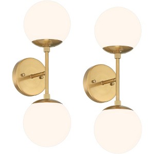 Possini Euro Design Oso Mid Century Wall Light Sconces Set of 2 Soft Gold Hardwire 6" 2-Light Fixture Opal Glass for Bedroom Home - 1 of 4