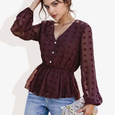 Anna-Kaci Women's V-Neck Solid Color Semi Sheer Swiss Dot Blouse