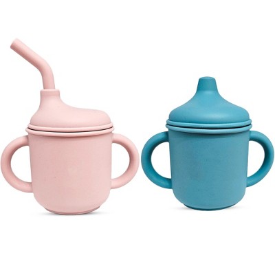 LunaLulinlk 2 pack Silicone Sippy Cups with Straws for Babies and Toddlers (Rose Quartz/Sky)