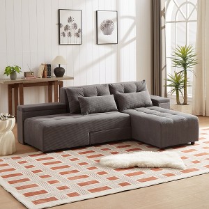 Convertible 3-in-1 Corduroy Sleeper Sectional Sofa with Storage & 4 Pillows, Modular Couch Bed with Ottoman for Living Room - 1 of 4