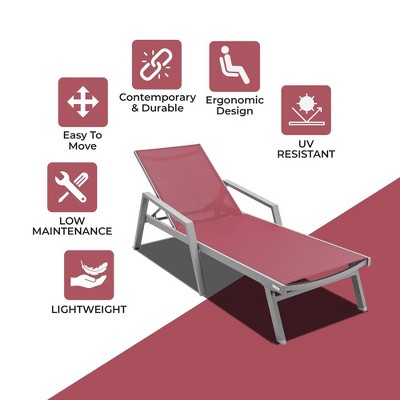 Burgundy Aluminum Outdoor Chaise Lounge Chair with Arms
