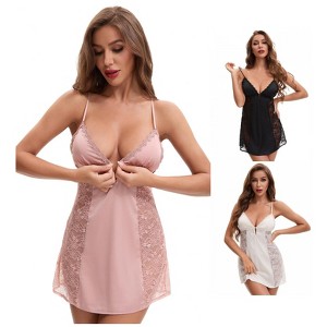 INSPIRE CHIC 3 Packs Women's Lace Mesh Deep V Spaghetti Strap Cami Chemise with Built-in Bra - 1 of 4