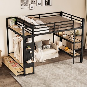 KWPZQEB Full/Queen Size Loft Bed with Safety Guardrail & Ladders, Metal Loft Bed w/ Pegboard, Wardrobe & Storage Shelve, No Box Spring Required, Black - 1 of 4