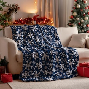 Christmas Flannel Blanket Throw, Navy Snowflake Soft Fuzzy Plush Cozy Blankets. - 1 of 4