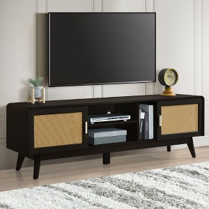 PAGED Rattan TV Stand with Variable Color Light Strip, Wooden TV Console with Adjustable Shelf and Metal Leg, TV Stands for Living Room - 1 of 4