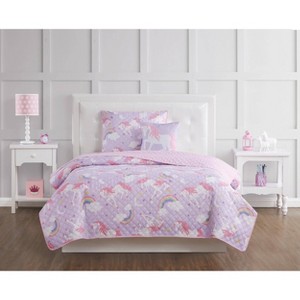 Twin 3pc Rainbow Unicorn Kids' Quilt Set Purple - My World: Girls Twin Bedding, Modern Microfiber, Teen Decor - 1 of 4
