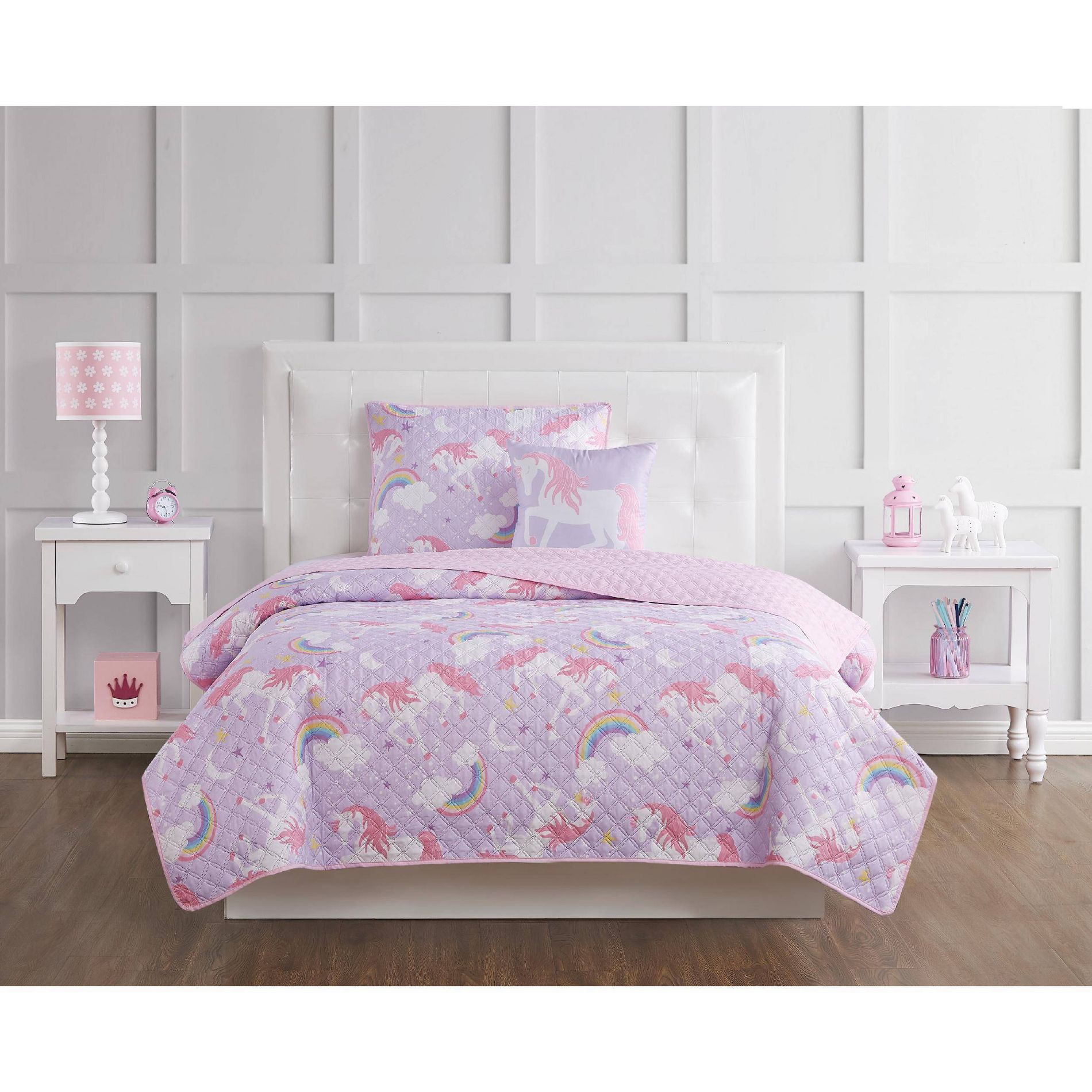 Twin 3pc Rainbow Unicorn Kids' Quilt Set Purple - My World: Girls Twin Bedding, Modern Microfiber, Teen Decor