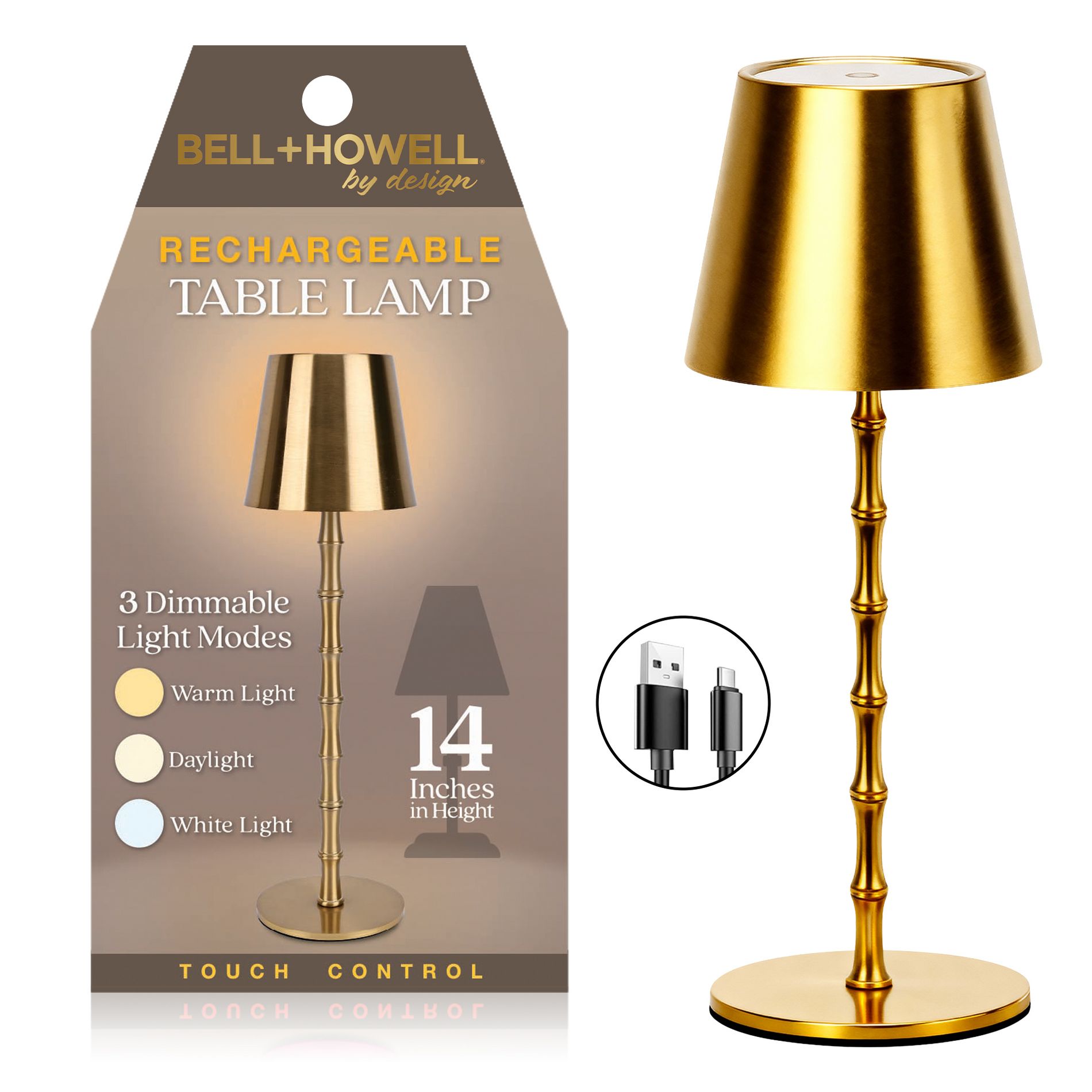 Bell + Howell Gold Bamboo Rechargeable Touch Control LED Table Lamp Cordless Portable Dimmable Light