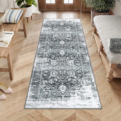 Acekool Vintage Washable Runner - 2x6 Non-Slip Rug in Soft Grey