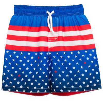 Monday's Child Blue & Red USA Flag Monogram Swim Trunks