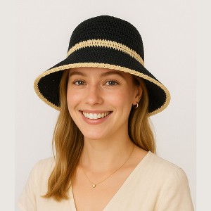 Anna-Kaci Packable Crochet Straw Bucket Hat with Two-Tone Design Lightweight Summer Sun Hat for Beach Travel Hiking Outdoor Use - 1 of 4